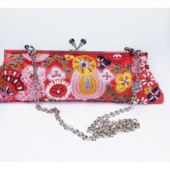 Handbags - SOLD☆ Beaded Floral Boho Red Clutch Shoulder Bag